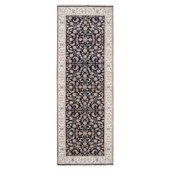 2'8"x9'10" Midnight Blue Wool Hand Knotted Nain Flower Design Fine Runner Rug