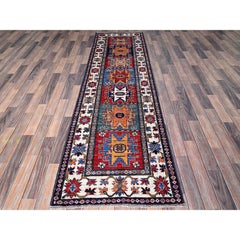 2'8"x9'2" Colorful Caucasian Design Revival Soft Wool Hand Knotted Runner Rug