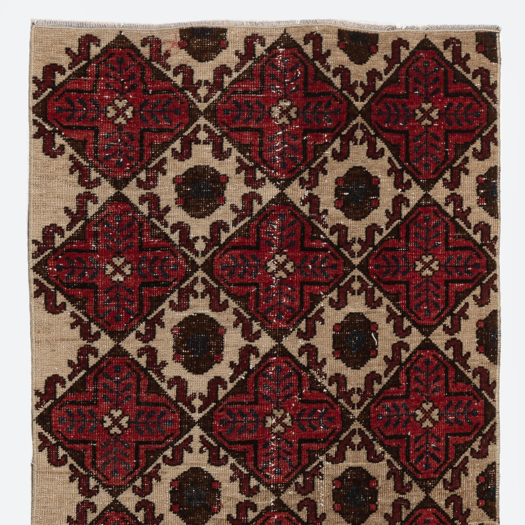 Hand-Woven 2.8x9.2 Ft Handmade Vintage Turkish Runner Rug in Red, Beige, Brown & Navy Blue For Sale