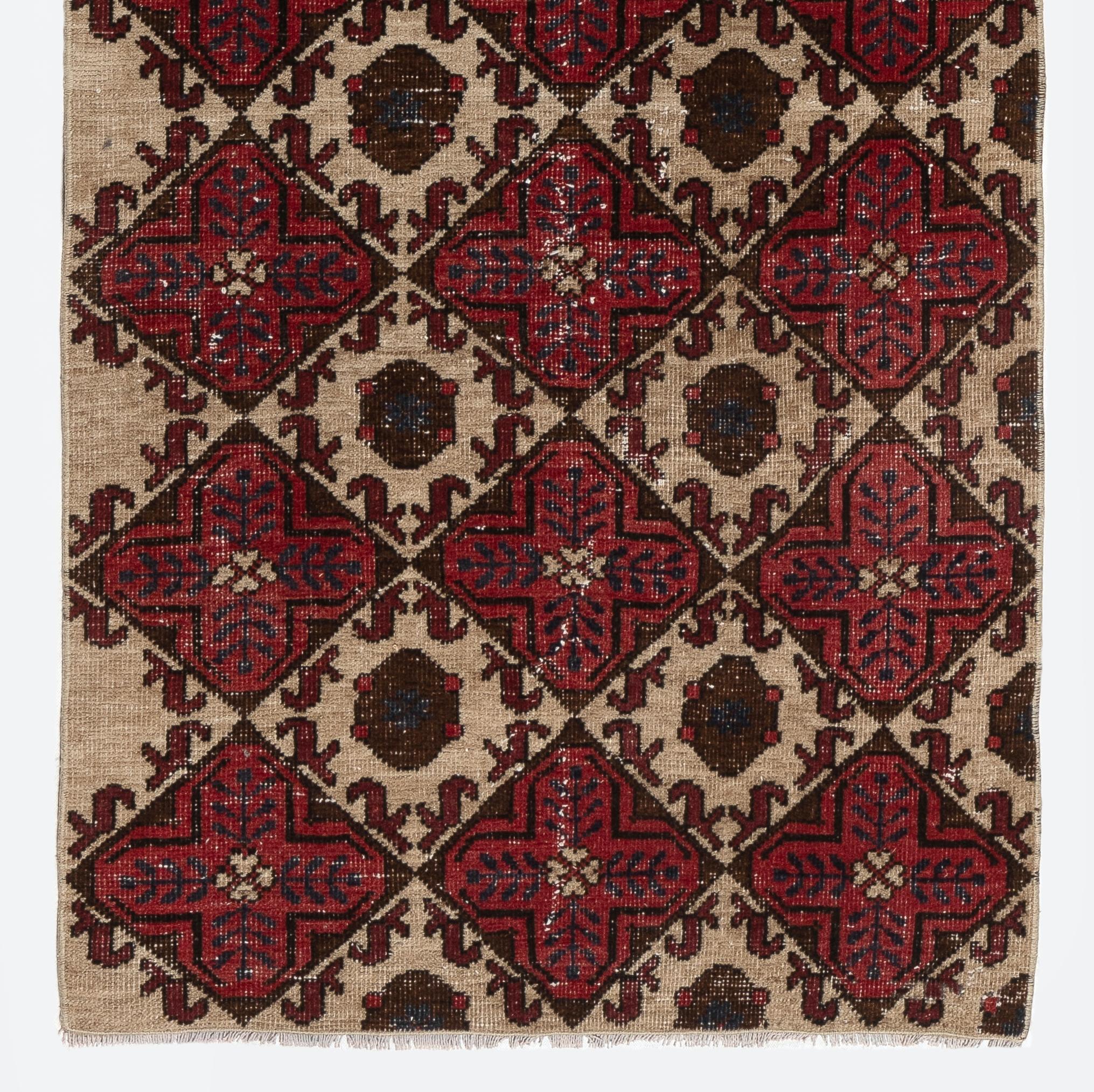 2.8x9.2 Ft Handmade Vintage Turkish Runner Rug in Red, Beige, Brown & Navy Blue In Good Condition For Sale In Spring Valley, NY