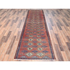 2'8"x9'2" Orange Vintage Turkoman Repetitive Design Hand Knotted Wool Runner Rug