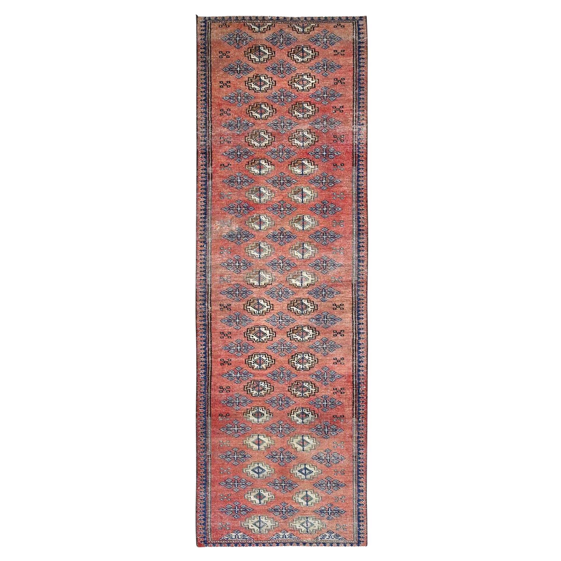 2
8"x9
2" Orange Vintage Turkoman Repetitive Design Hand Knotted Wool Runner Rug For Sale