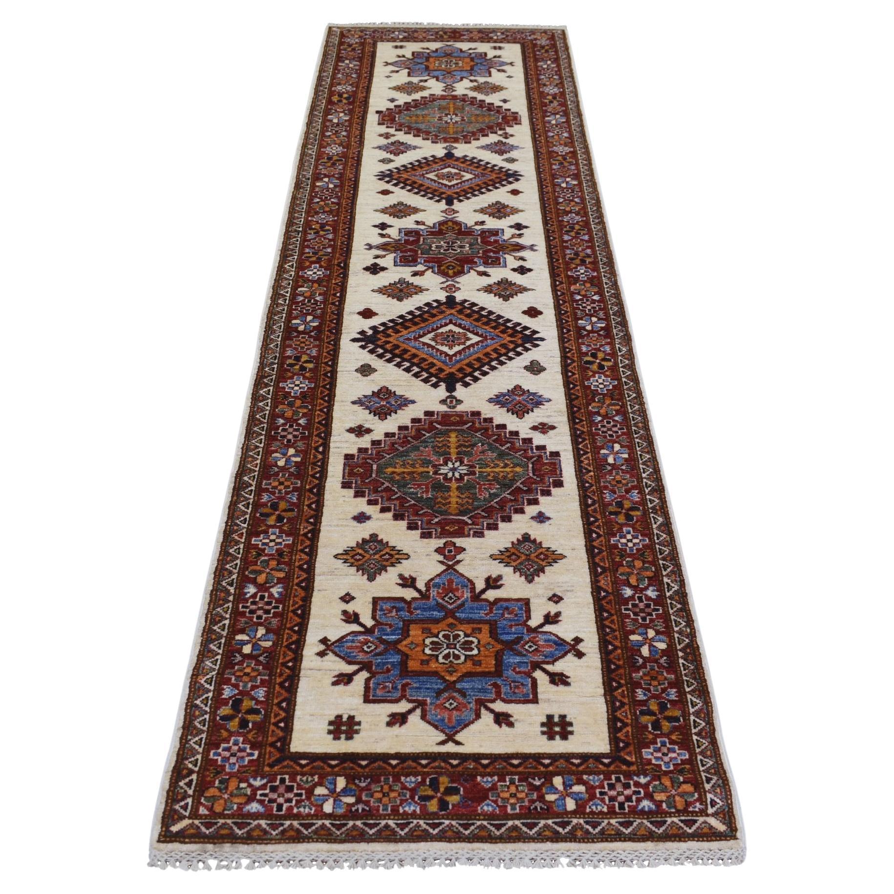 2
8"x9
4" Ivory Afghan Super Kazak Hand Knotted Pure Wool Runner Rug