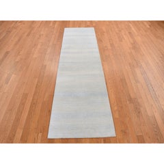 2'8"x9'5" Blue, Hand Knotted, Grass Design Gabbeh, Wool and Silk, Runner Rug