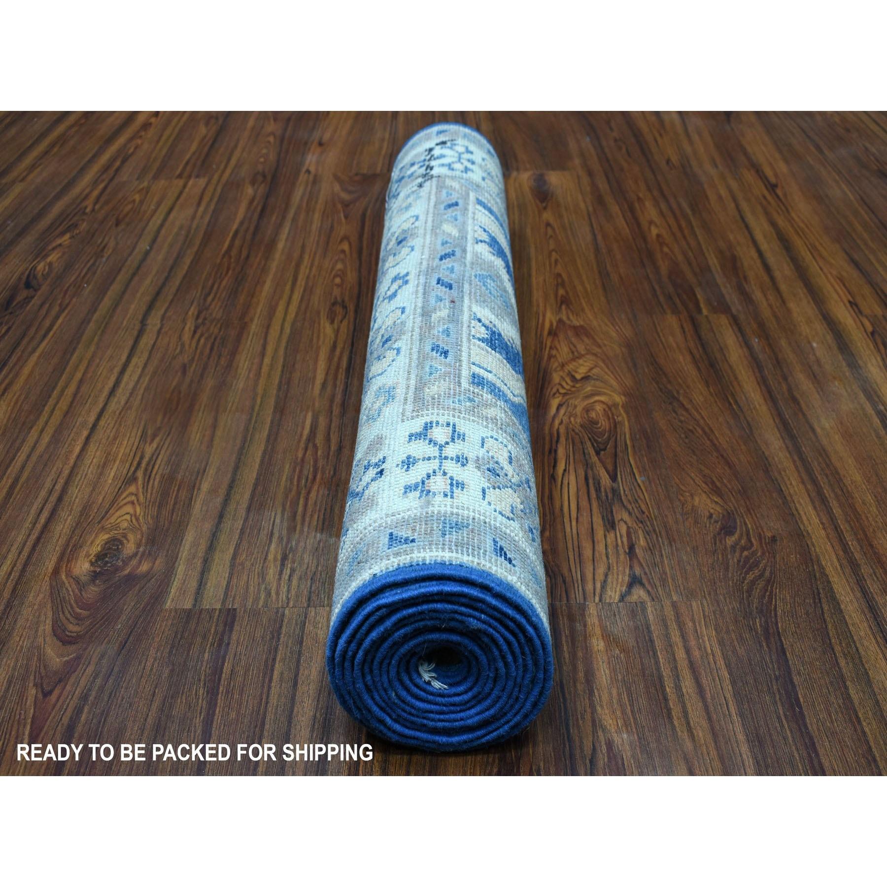 Afghano Tappeto Runner blu in lana annodata a mano dal look vintage Kazak con design geometrico 2'8 