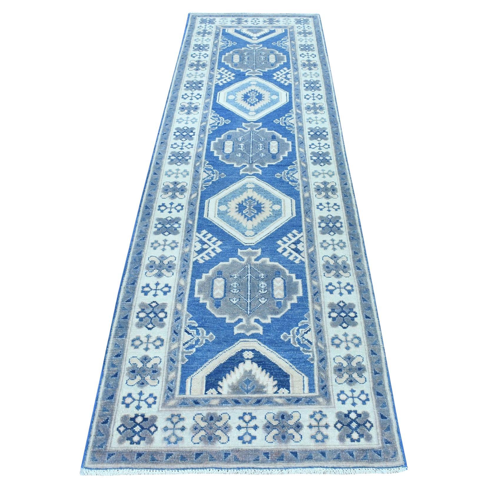 2'8"x9'5" Blue Hand Knotted Wool Vintage Look Kazak Geometric Design Runner Rug
