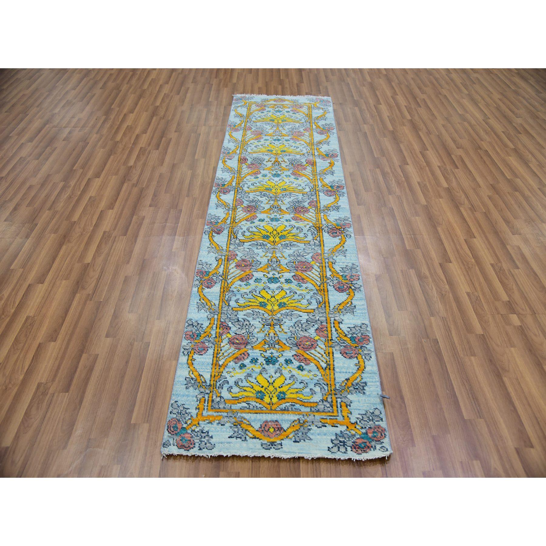 Blueish Gray, William Morris Inspired Arts and Crafts Design, Natural Wool, Hand Knotted, Thick and Plush, Runner, Oriental Rug
Primary materials: Wool
Latex: No Pile 
height: 0.25 Inches
Style: Transitional
Primary color: Blue
Secondary colors: