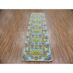 2'8"x9'5" Blueish Gray William Morris Inspired Hand Knotted Pure Wool Runner Rug