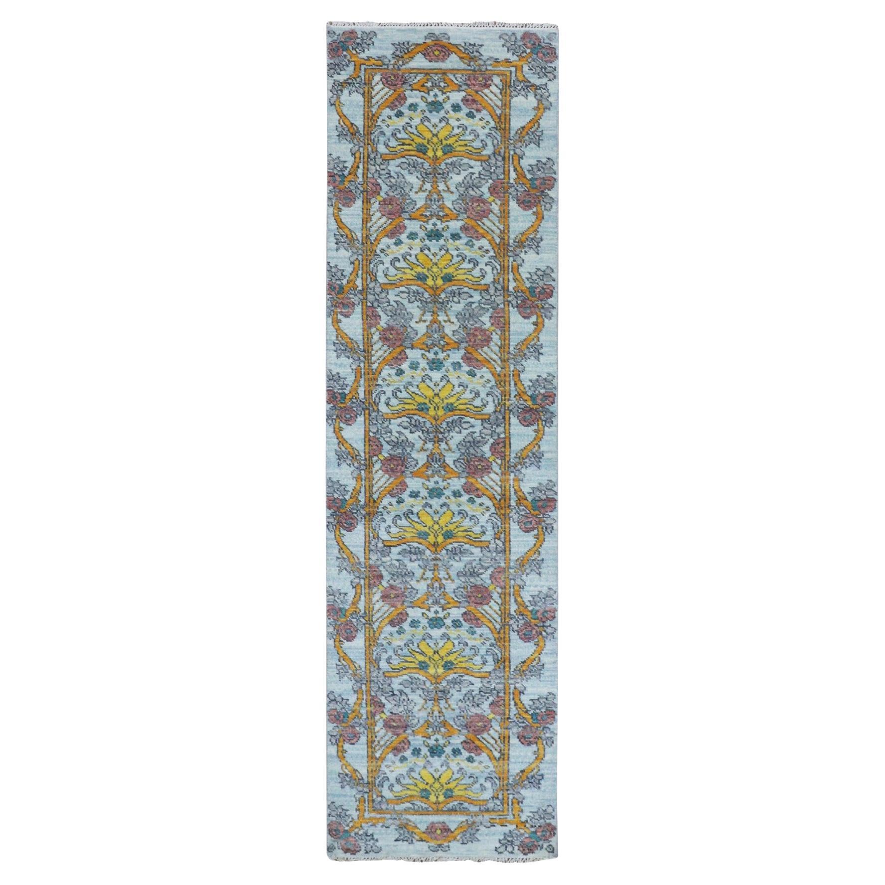 2
8"x9
5" Blueish Gray William Morris Inspired Hand Knotted Pure Wool Runner Rug For Sale
