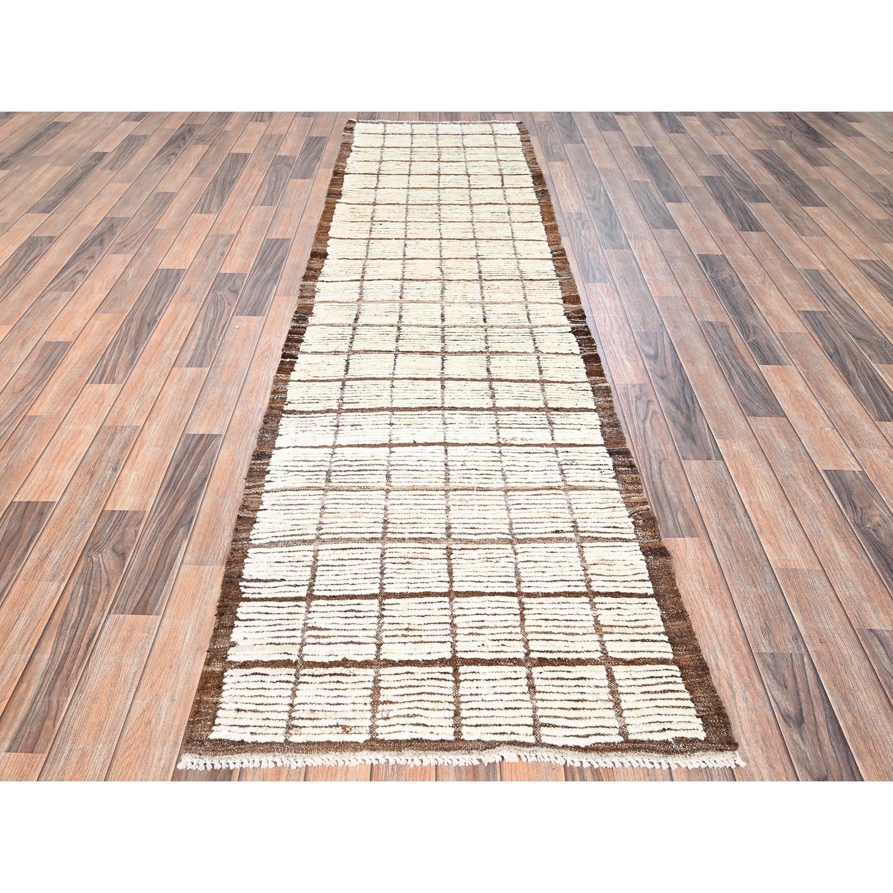 Floral White, Hand Knotted, Moroccan Weave with Grid Design, Textured Pile, Tone on Tone, Undyed Natural Wool, Runner, Oriental Rug
Primary materials: Wool
Latex: No Pile 
height: 0.25 Inches
Style: Contemporary
Primary color: Ivory
Secondary