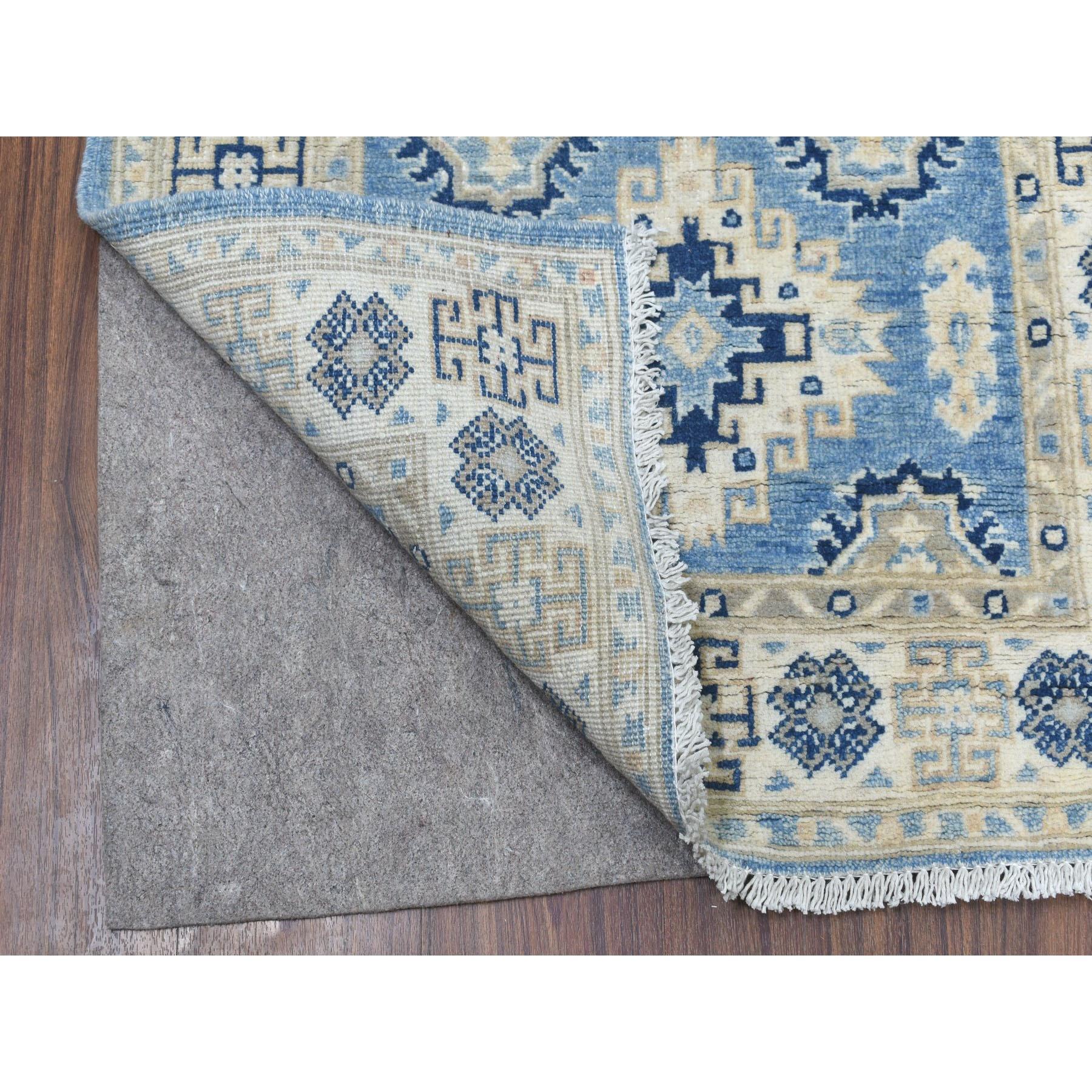 This is a truly genuine one-of-a-kind Blue All Over Design Hand Knotted Pure Wool Vintage Look Kazak Runner Oriental Rug. It has been woven for months and months in the centuries-old Persian weaving craftsmanship techniques by expert
