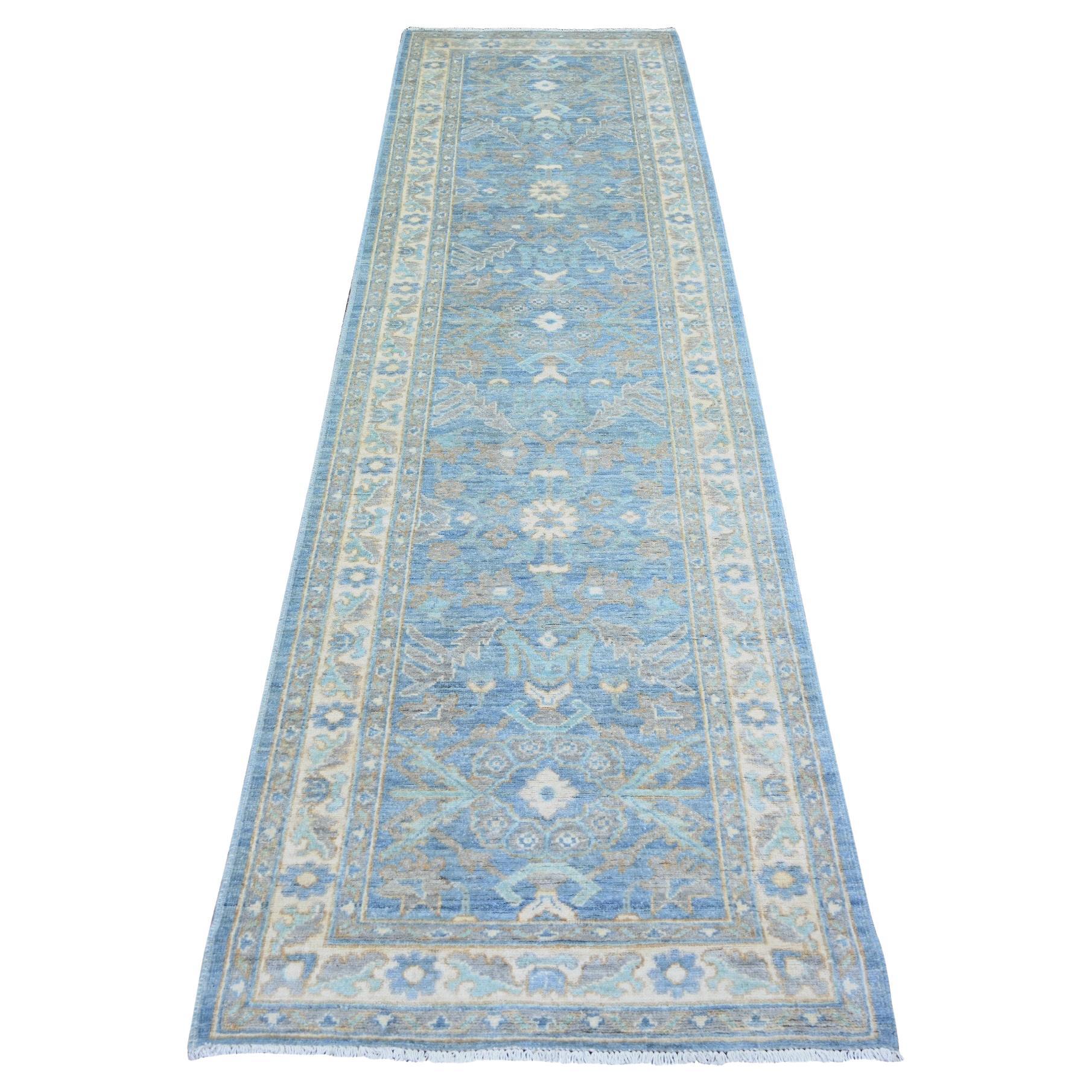 2
8 "x9
6" Azul Beau, Alfombra Oriental Anudada a Mano de Lana de Peshawar más Fina