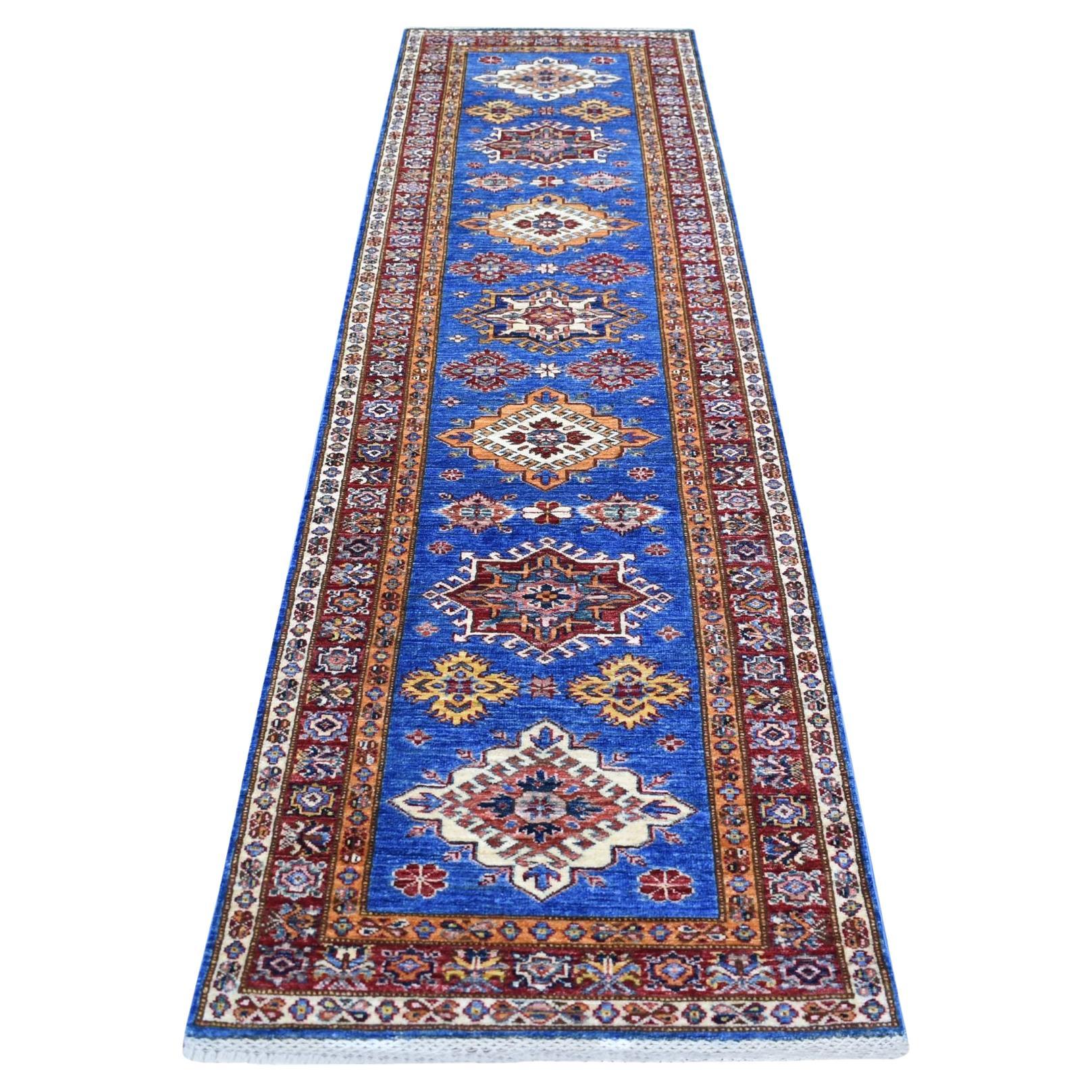 2'8"x9'6" Blue, Hand Knotted Afghan Super Kazak 100% Wool Runner Rug