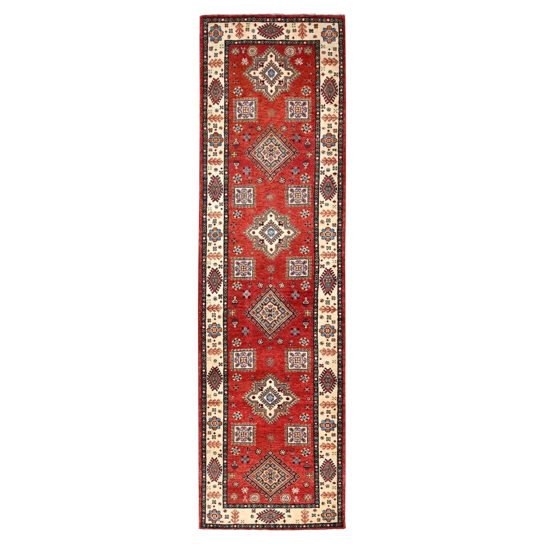 2
8 "x9
6" Lattice Red Hand Knotsted Afghan Special Kazak Wool Runner Tapis d
Orient en vente