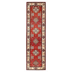 2
8 "x9
6" Lattice Red Hand Knotsted Afghan Special Kazak Wool Runner Tapis d
Orient
