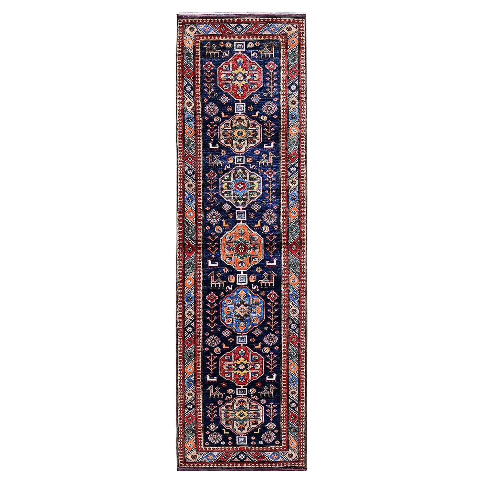 2'8 "x9'6" Marineblau Afghanisch Kaukasisch Design Revival Hand geknüpft Wolle Läufer Teppich