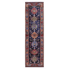 2'8 "x9'6" Marineblau Afghanisch Kaukasisch Design Revival Hand geknüpft Wolle Läufer Teppich