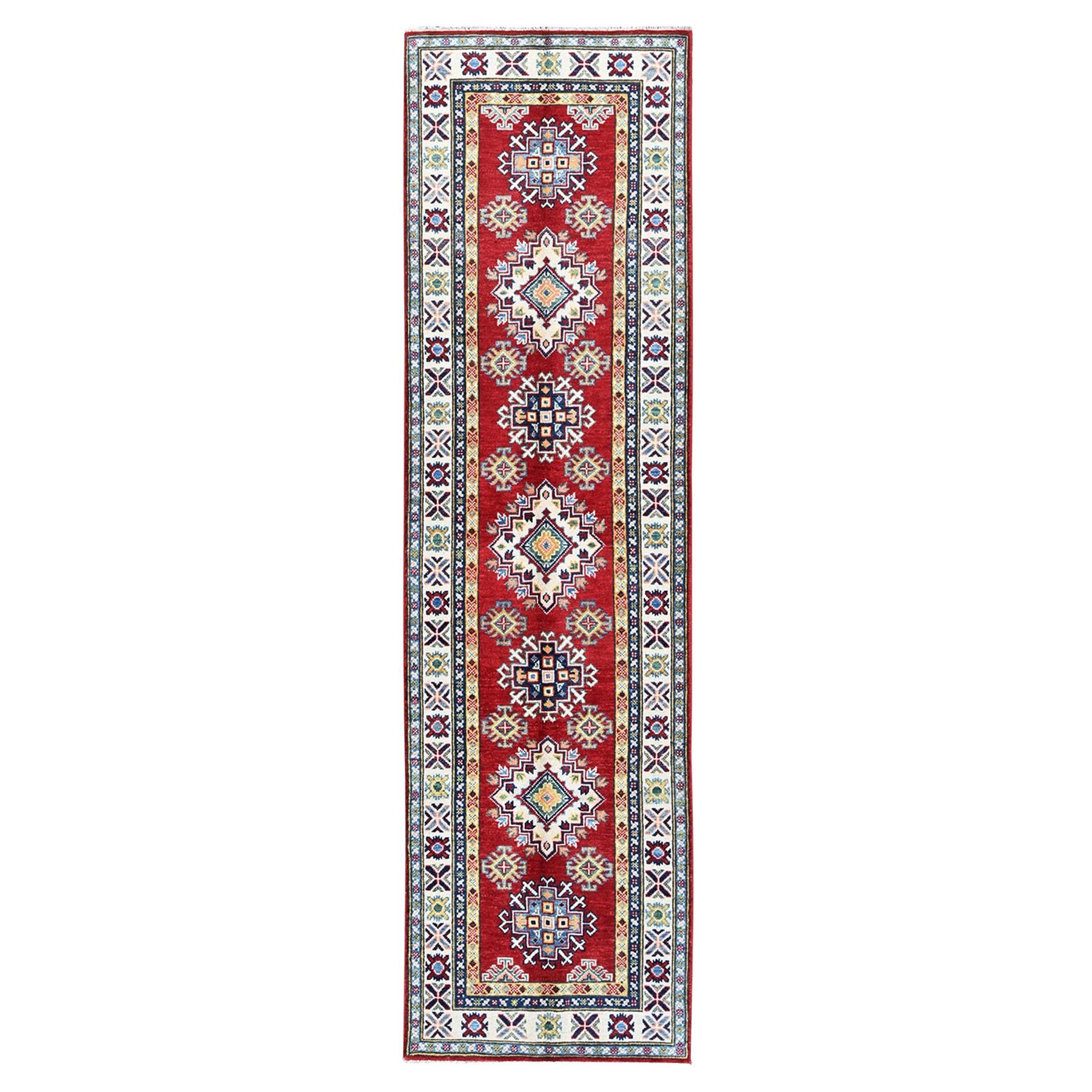 2'8 "x9'6" Rouge Kazak Geometric Medallions Design Hand Knotsted All Wool Runner Rug