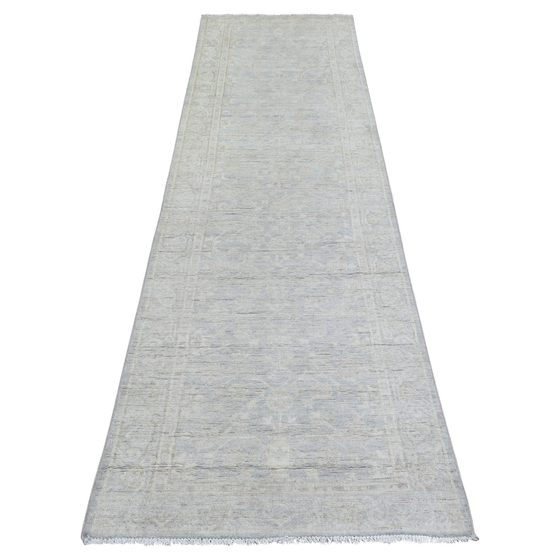 2'8"x9'6" Silver Blue Hand Knotted Washed Out Peshawar Soft Wool Runner Rug For Sale