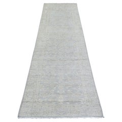 2'8"x9'6" Silver Blue Hand Knotted Washed Out Peshawar Soft Wool Runner Rug