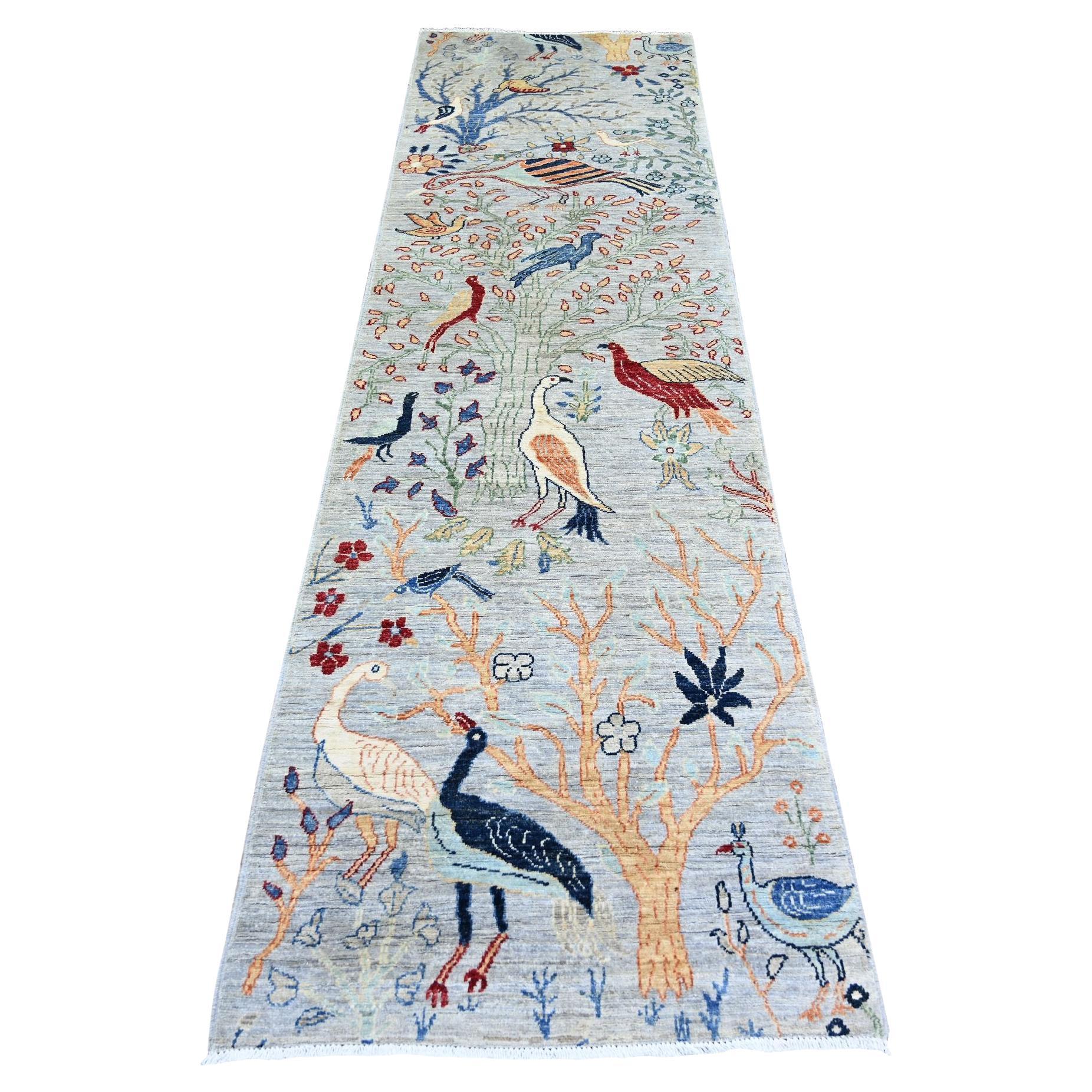 2'8"x9'6" Silver Gray, Extra Soft Wool, Hand Knotted Afghan Peshawar Runner Rug