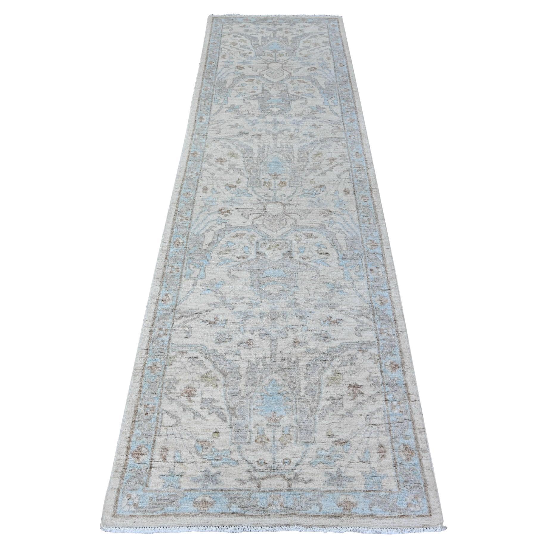 2
8 "x9
6" Weiß, Stone Wash Peshawar, handgeknüpft, Bio-Wolle Läufer Teppich