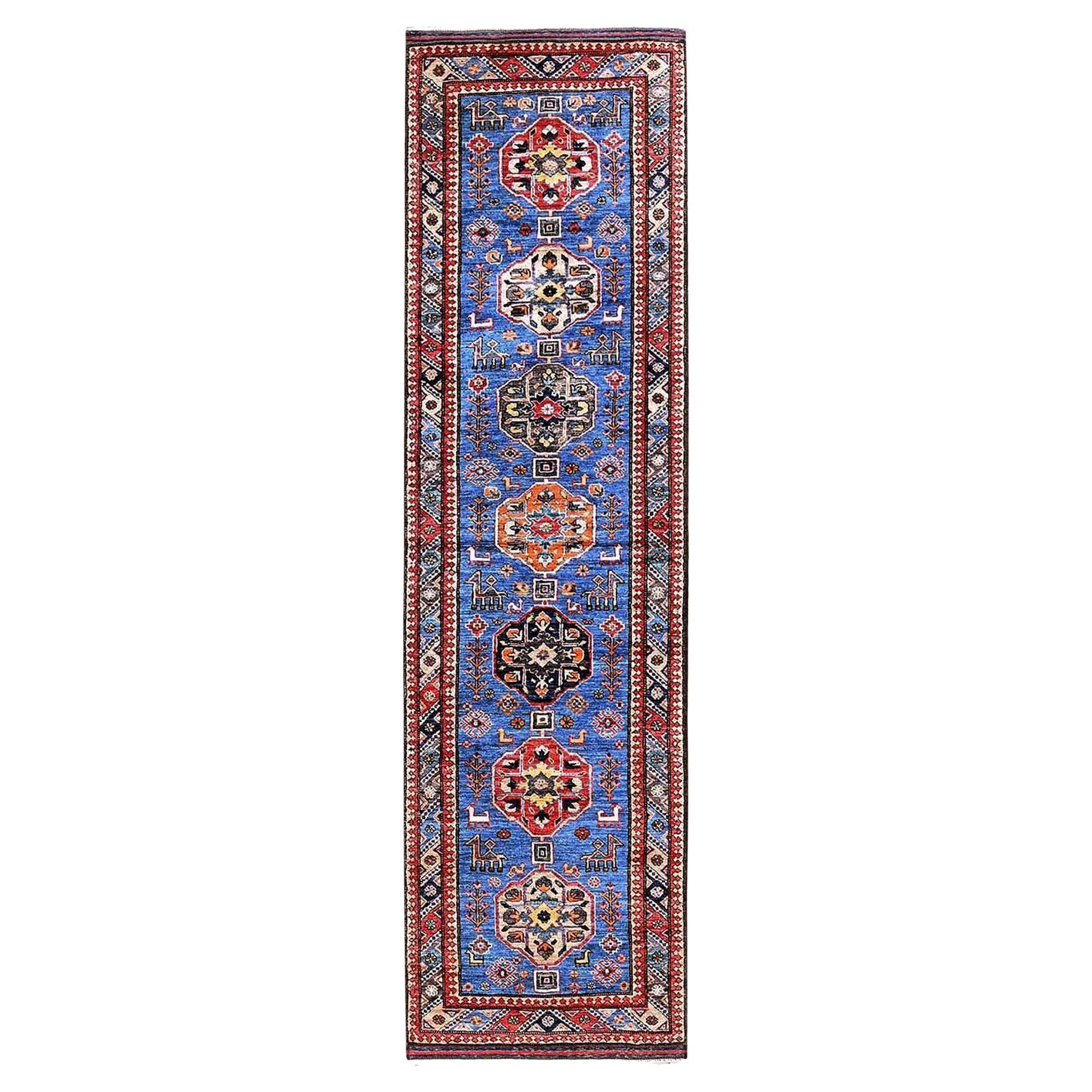 2'8 "x9'7" Blau Afghanisch Kaukasisch Design Revival Hand geknüpft weiche Wolle Läufer Teppich