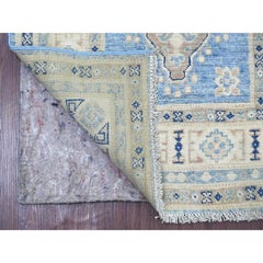 2'8"x9'7" Blue Vintage Look Kazak with Medallions Hand Knotted Wool Runner Rug