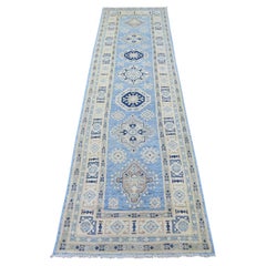 2'8"x9'7" Blue Vintage Look Kazak with Medallions Hand Knotted Wool Runner Rug