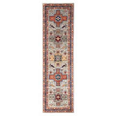 2'8"x9'7" Gray Armenian Inspired Caucasian Design Hand Knotted Wool Runner Rug