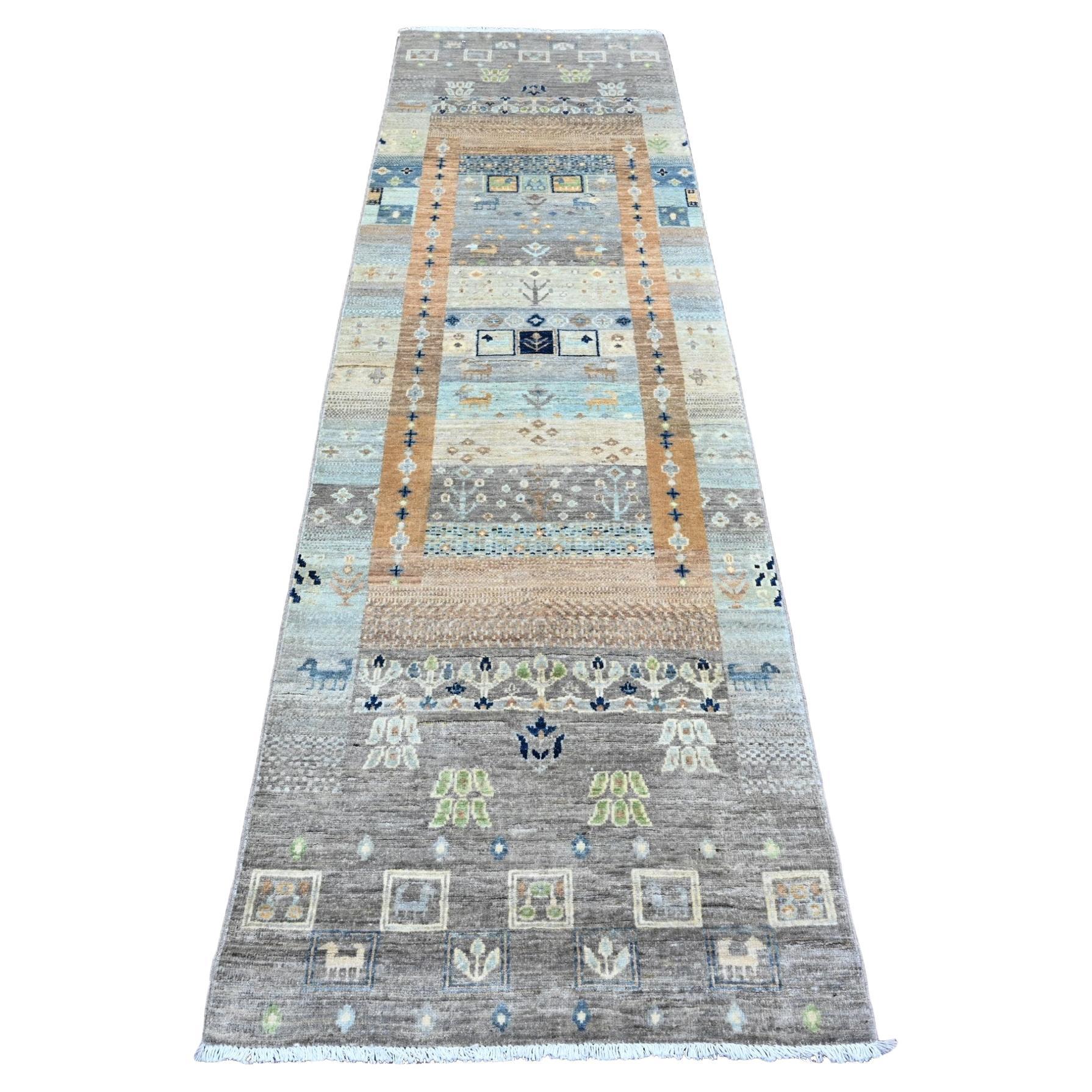 Tappeto Runner in lana annodata a mano 2'8 "x9'7" grigio Fine Kashkuli Gabbeh Animal Figurine