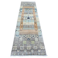 Tappeto Runner in lana annodata a mano 2'8 "x9'7" grigio Fine Kashkuli Gabbeh Animal Figurine
