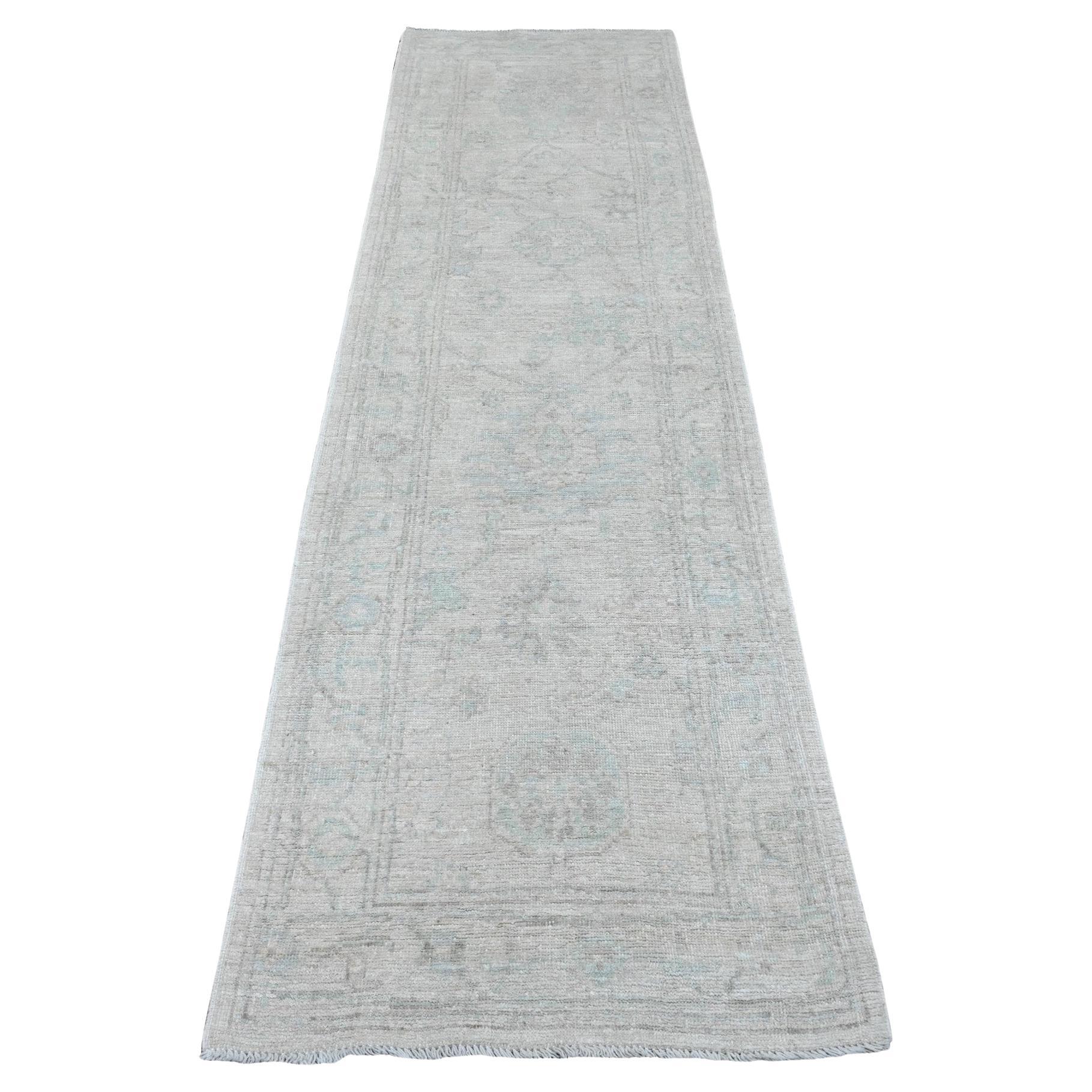 2
8"x9
7" Gray Hand Knotted Afghan Angora Oushak Tree Design All Wool Runner Rug