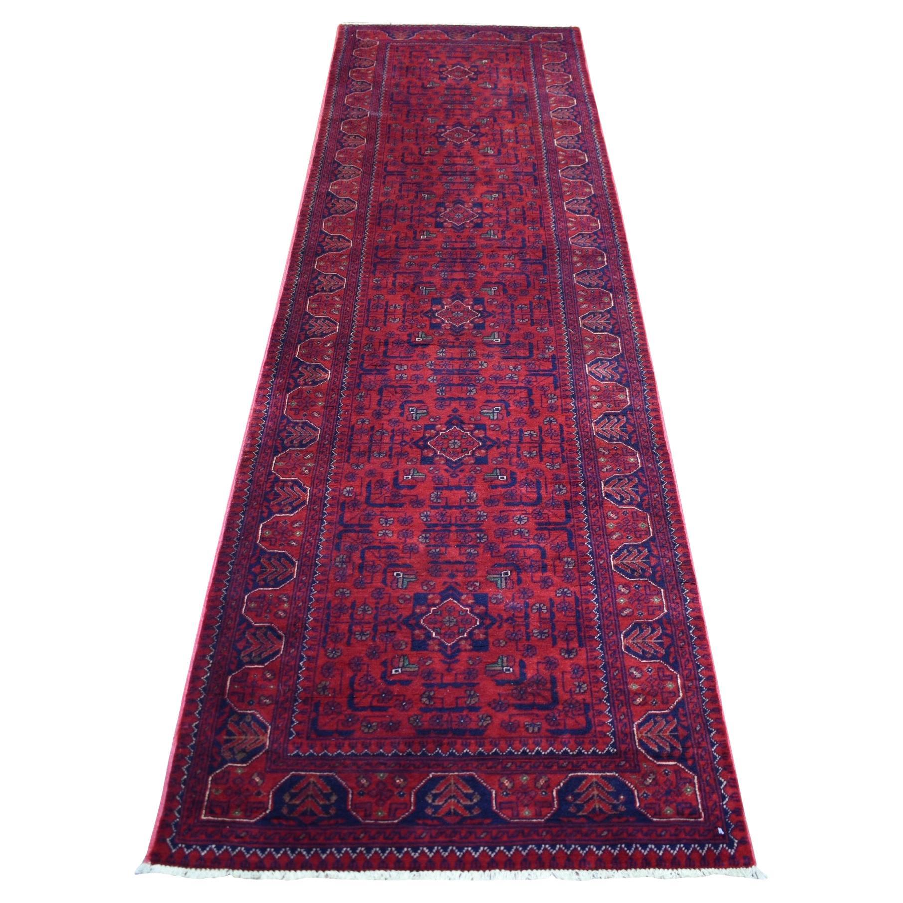 2'8"x9'7" Red Hand Knotted Tribal Design Velvety Wool Afghan Khamyab Runner Rug