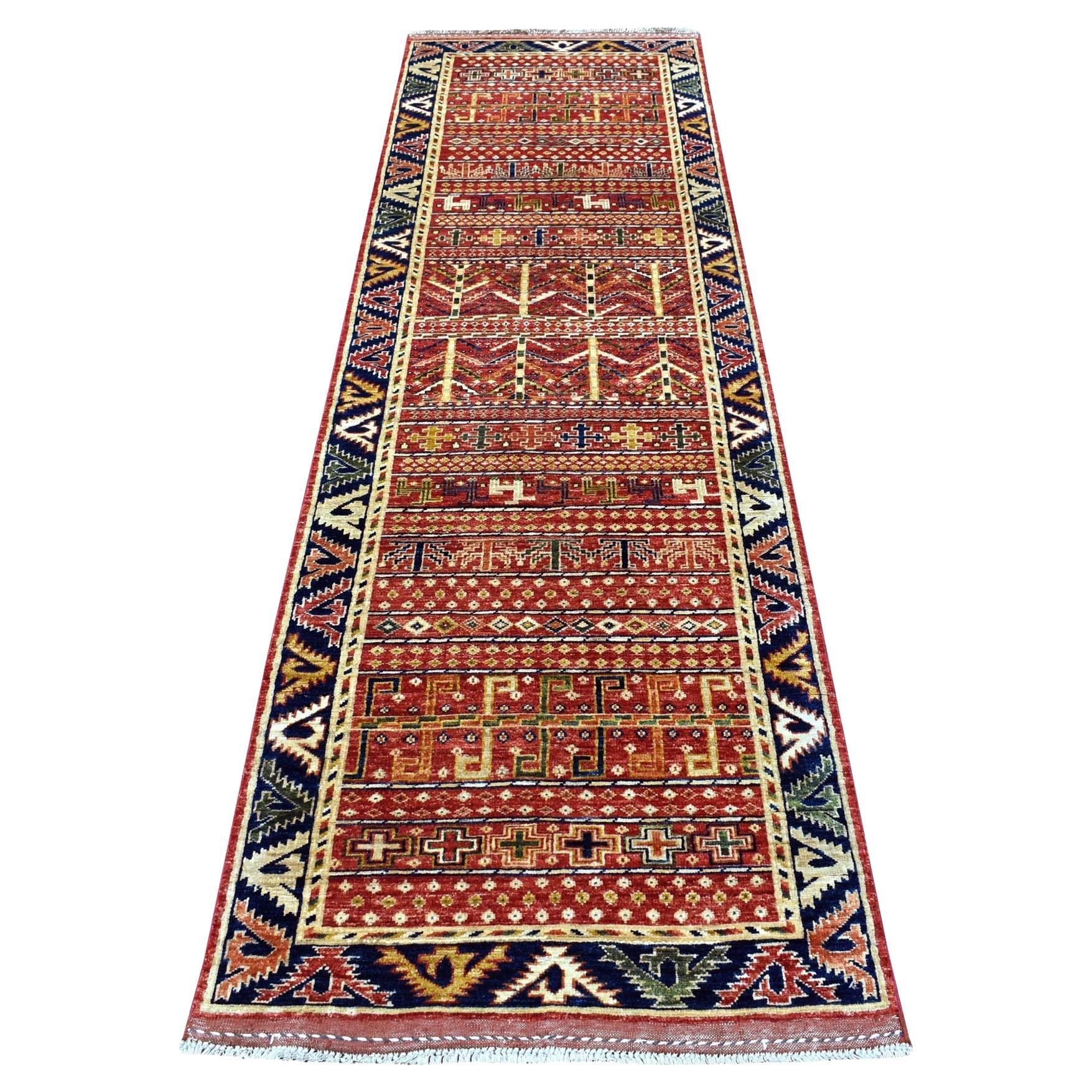 2'8"x9'7" Red Organic Wool Afghan Ersari Geometric Design Hand Knotted Rug