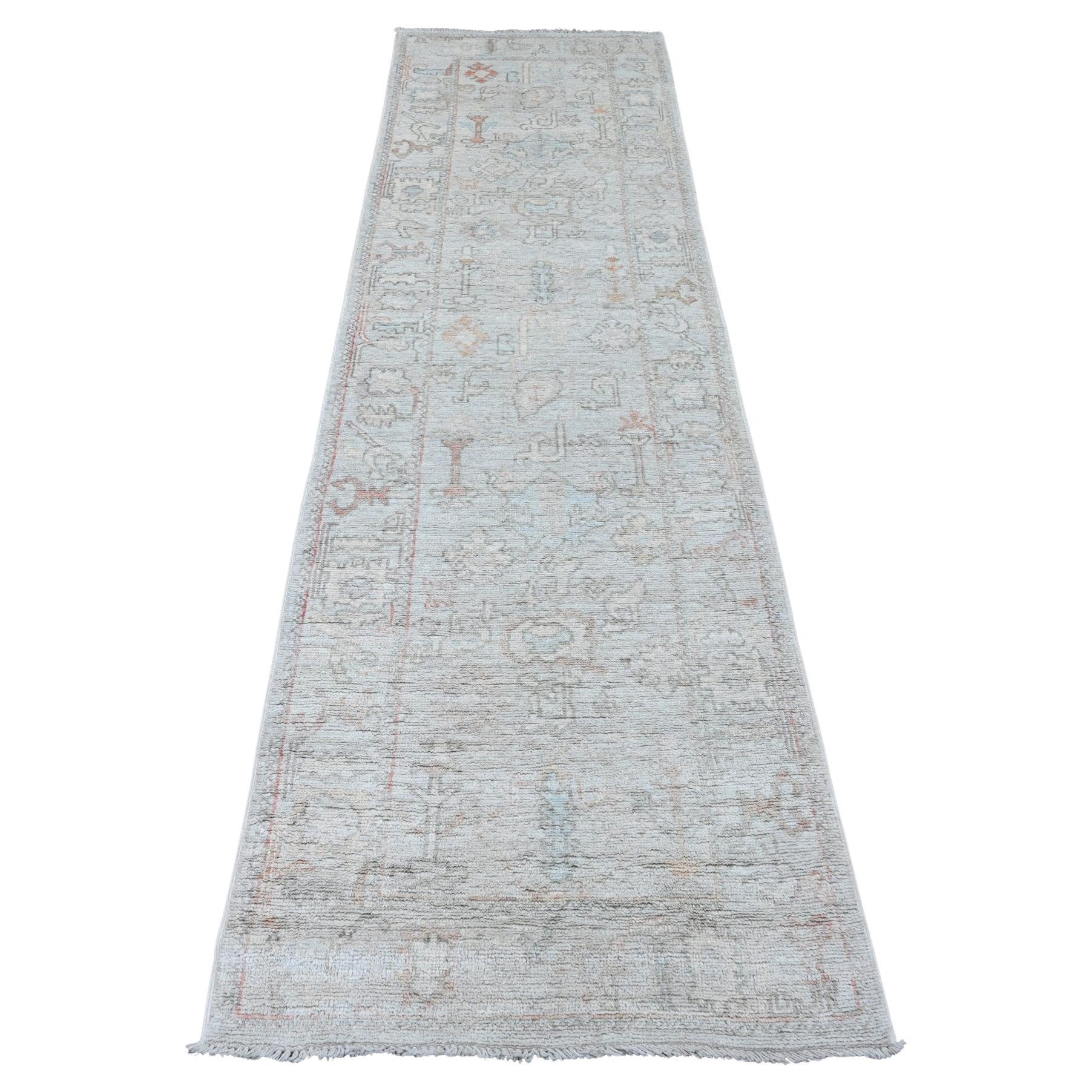 2'8"x9'8" Gray Hand Knotted Afghan Angora Oushak Tree Design All Wool Runner Rug For Sale