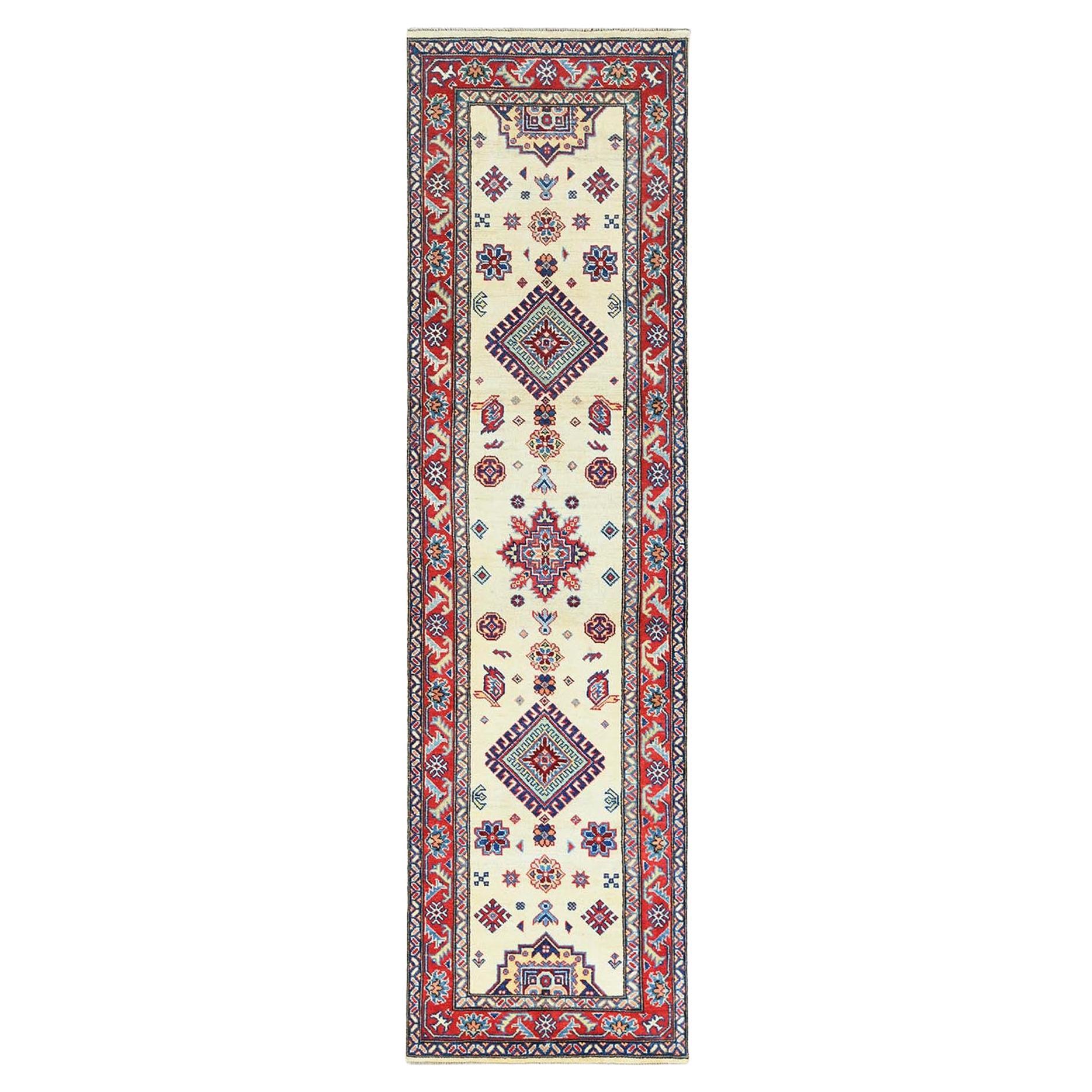 2'8 "x9'8" Elfenbein Geometrisches Design Spezial Kazak Handgeknüpft Wolle Orientteppich