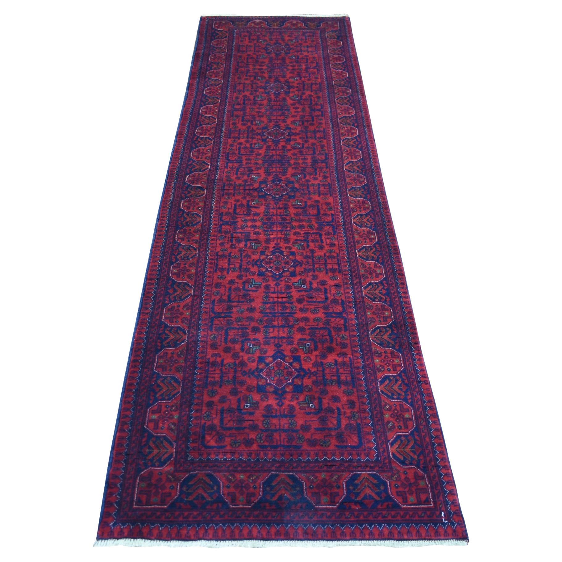 2'8"x9'8" Red Tribal Design, Afghan Khamyab Hand Knotted Runner Orientel Rug