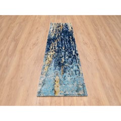 2'8"x9'9" Denim Blue Hand Knotted, Mosaic Design Wool and Silk Runner Rug