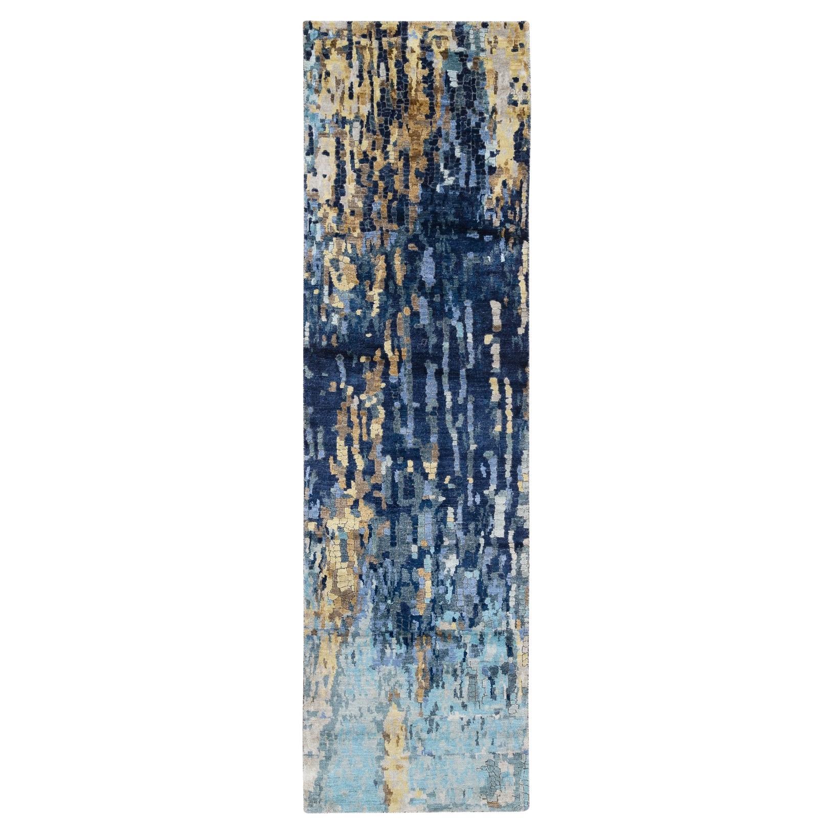 2'8"x9'9" Denim Blue Hand Knotted, Mosaic Design Wool and Silk Runner Rug