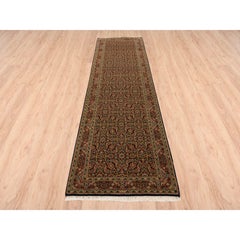 2'8"x9'9" Pitch Black Wool Herati Design 250 KPSI Hand Knotted Runner Rug