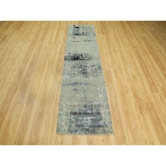 2'8"x9'9" Silver, Blue Wool And Silk Modern Abstract Design Hand Knotted Runner