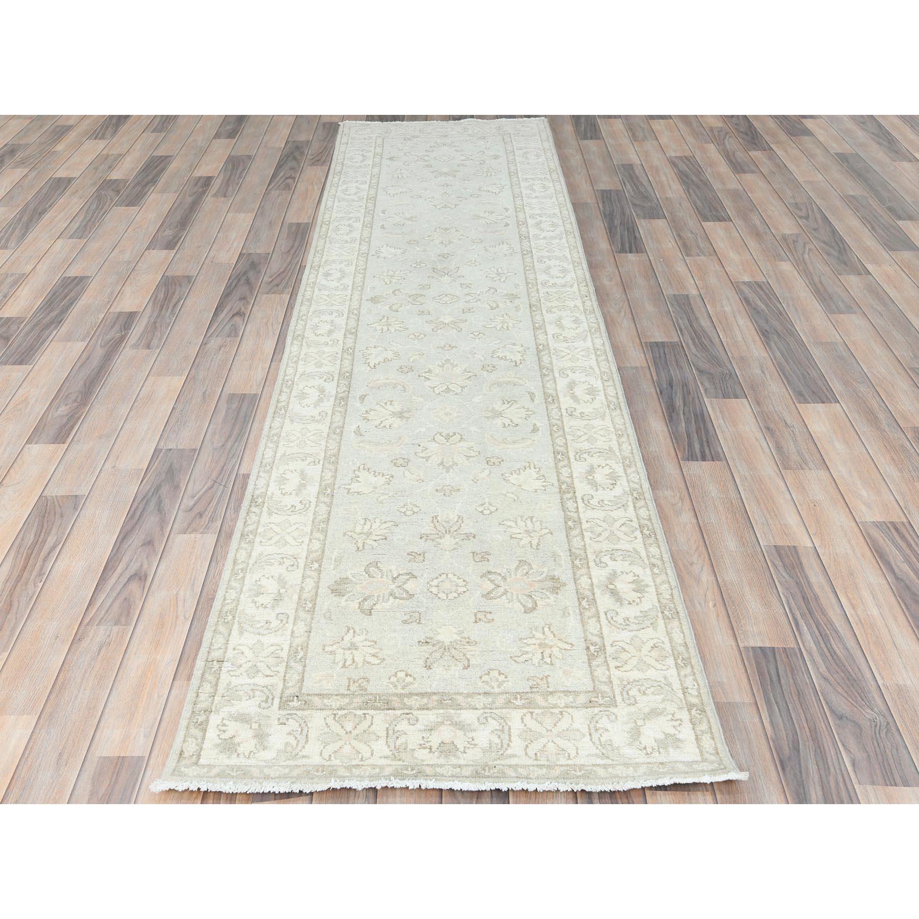 White Dove, Afghan Stone Washed Peshawar, Natural Wool, Hand Knotted, Runner Oriental Rug
Primary materials: Wool
Latex: No Pile 
height: 0.25 Inches
Style: Transitional
Primary color: Ivory
Secondary colors: Brown, Soft Peach
Pattern: Oriental