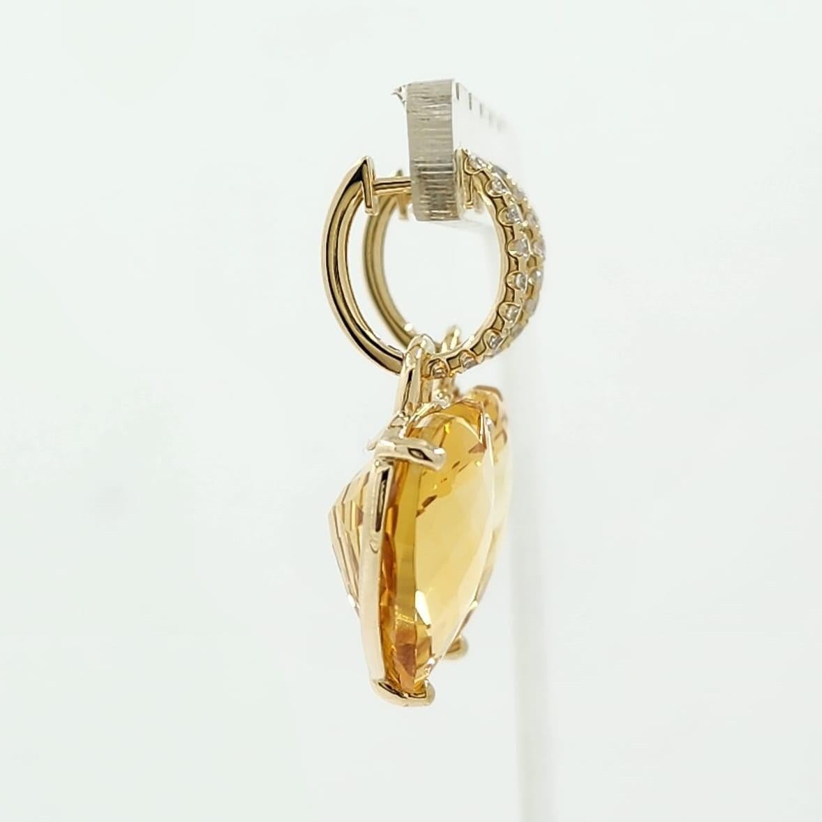 Contemporary 29 Carat Citrine Heart Dangle Earrings in 14 Karat Yellow Gold For Sale