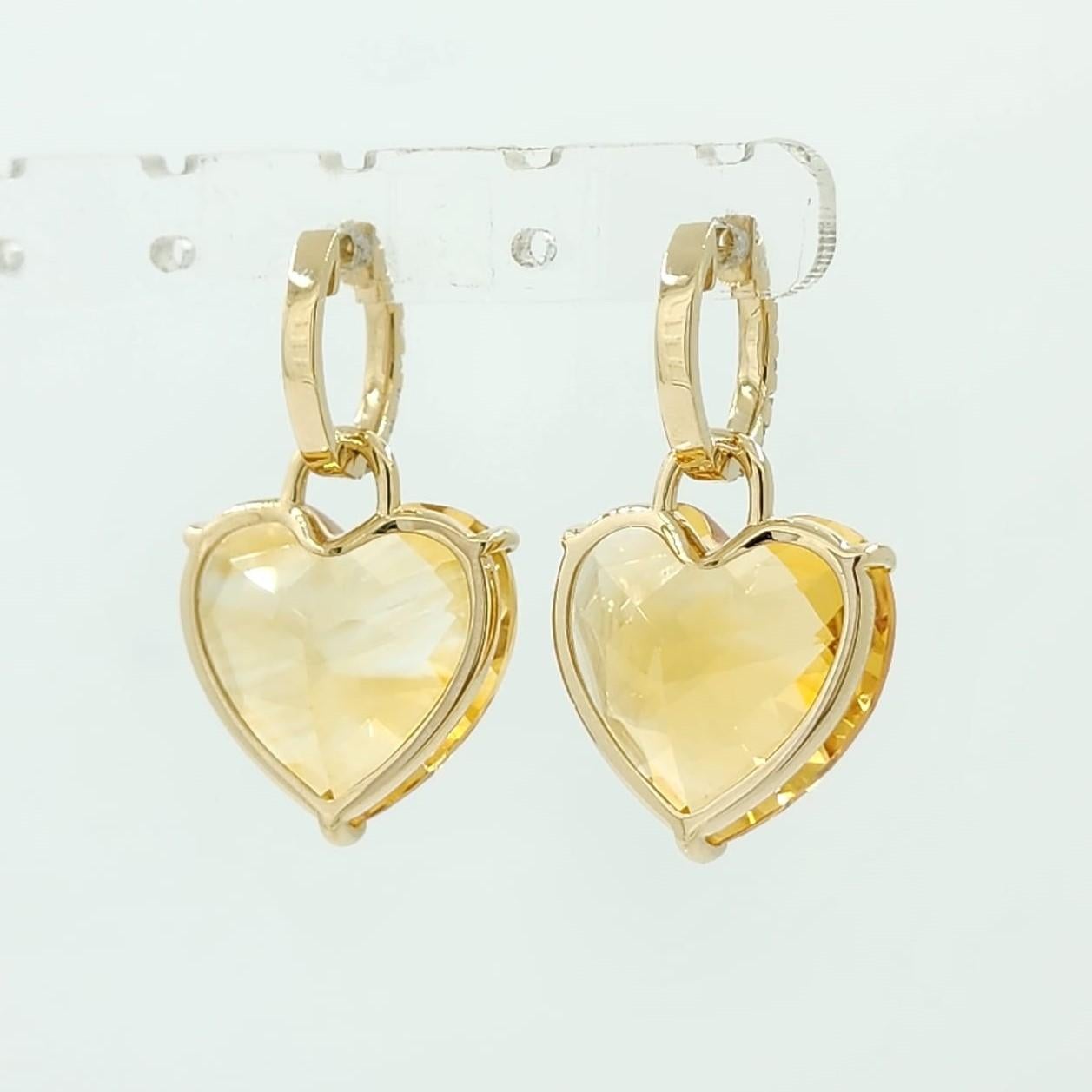 Heart Cut 29 Carat Citrine Heart Dangle Earrings in 14 Karat Yellow Gold For Sale