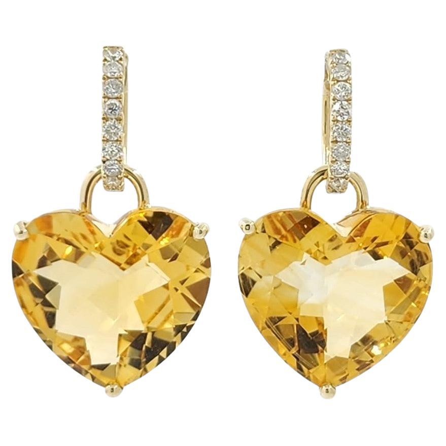 29 Carat Citrine Heart Dangle Earrings in 14 Karat Yellow Gold For Sale