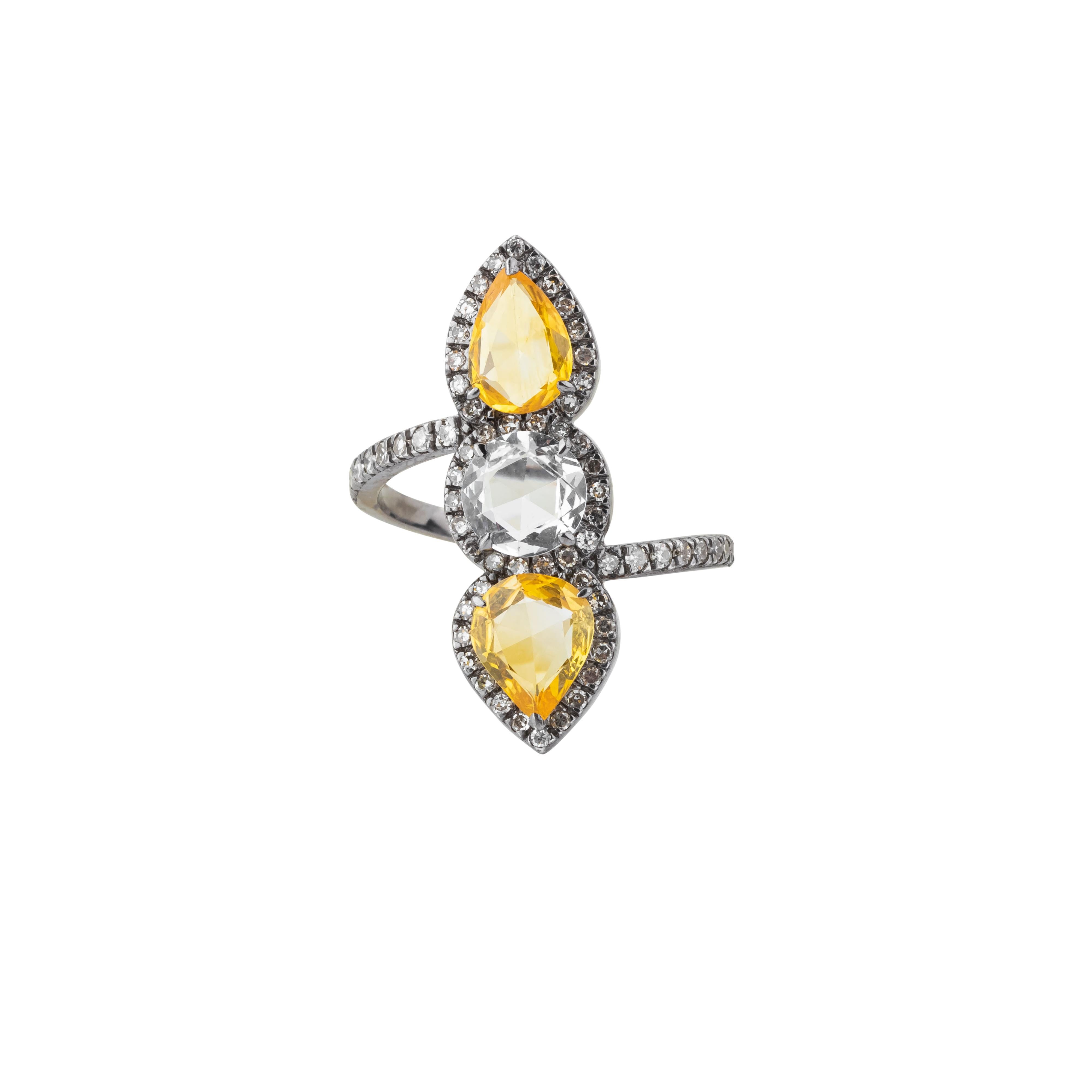 Modern 2.9 Carat Diamond and Yellow Sapphire Three Stone Ring For Sale
