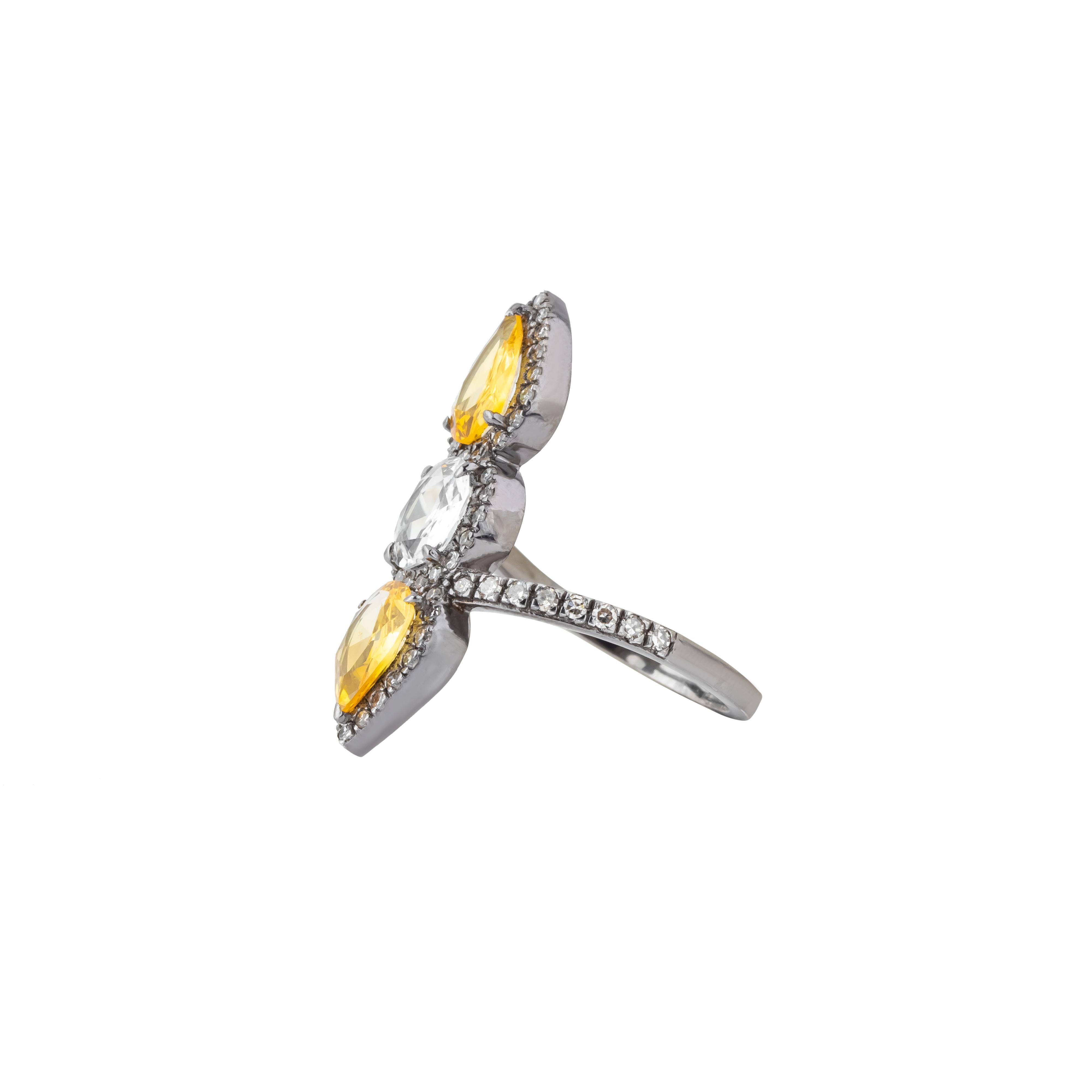 Round Cut 2.9 Carat Diamond and Yellow Sapphire Three Stone Ring For Sale