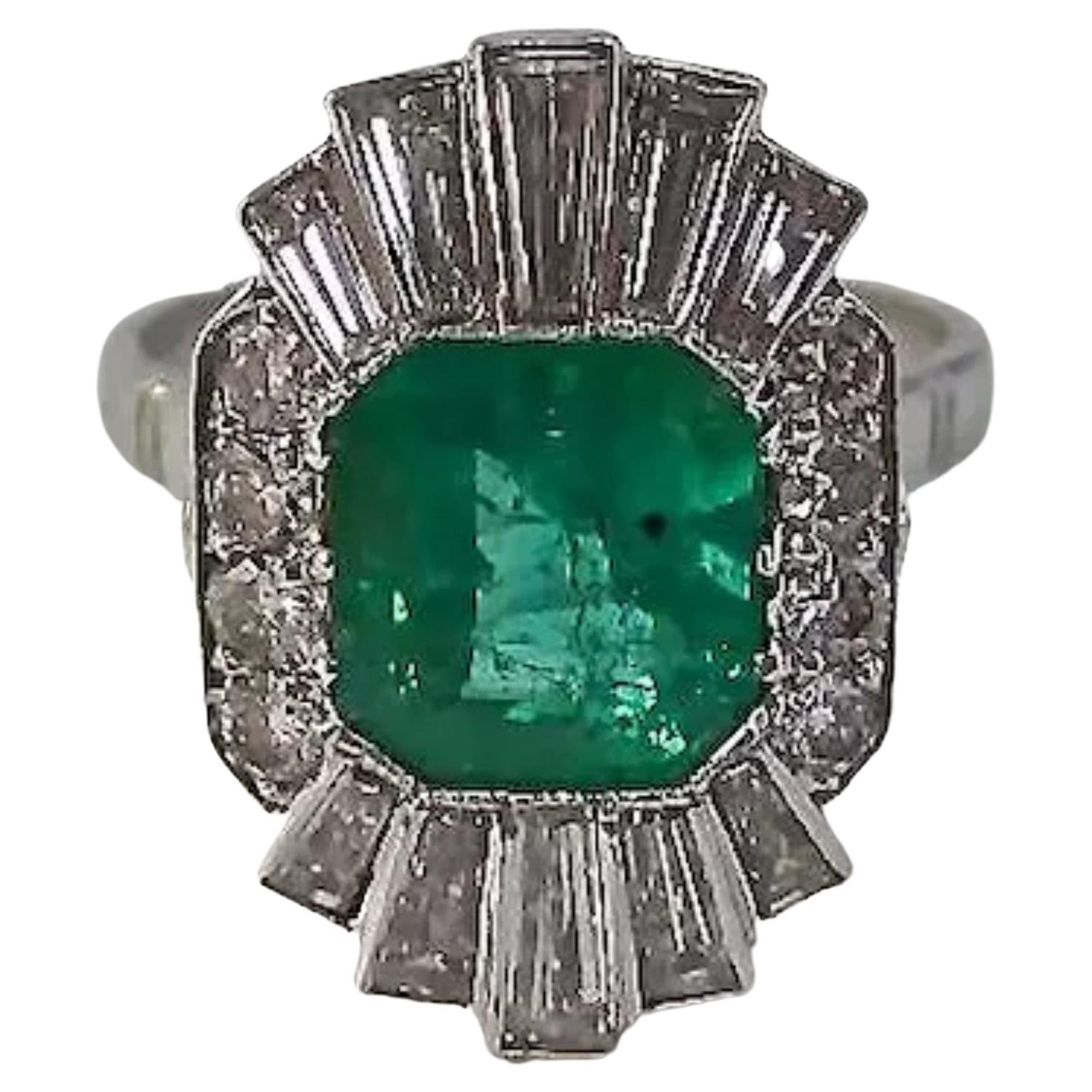 2.9 Carat Emerald Diamond Engagement Ring, Art Deco Emerald Diamond Wedding Ring