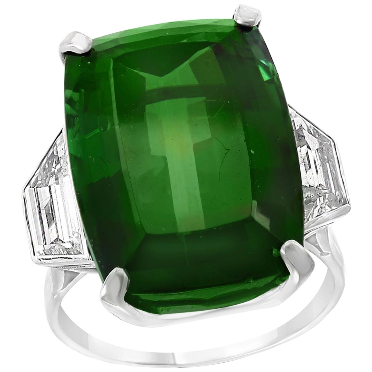 29 Carat Green Tourmaline and Solitaire Diamond Cocktail Ring Platinum Estate